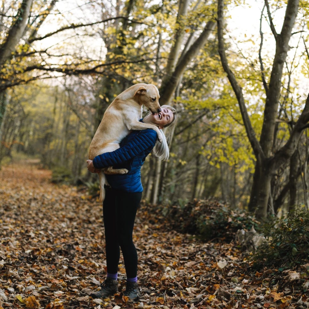 woman carrying dog while standing in the middle of the forest